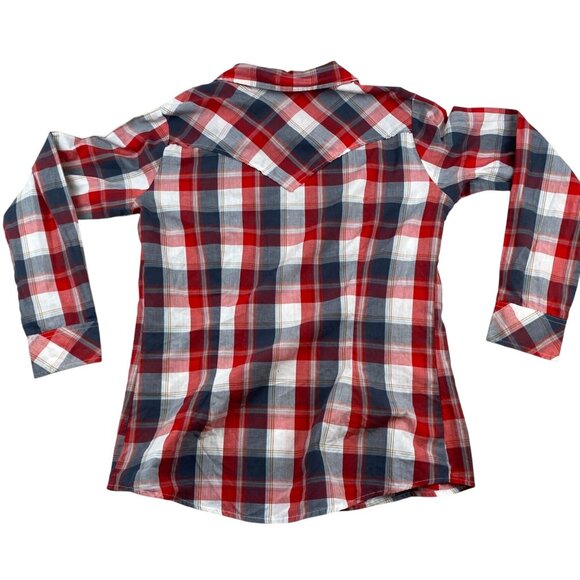 Wrangler Mens Shirt Medium Long Sleeve Western Button Up Pearl Snap Red Plaid - Picture 2 of 10